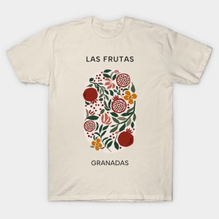 Las Frutas: Granadas - Fruit and flower market poster with pomegranates, blossoms, and leaves T-Shirt